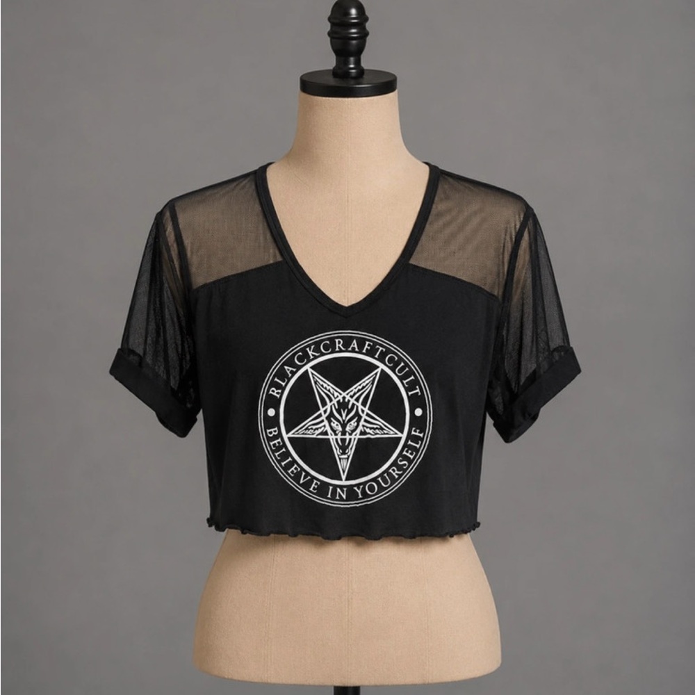 Black Mesh Crop Top with Graphic Emblem